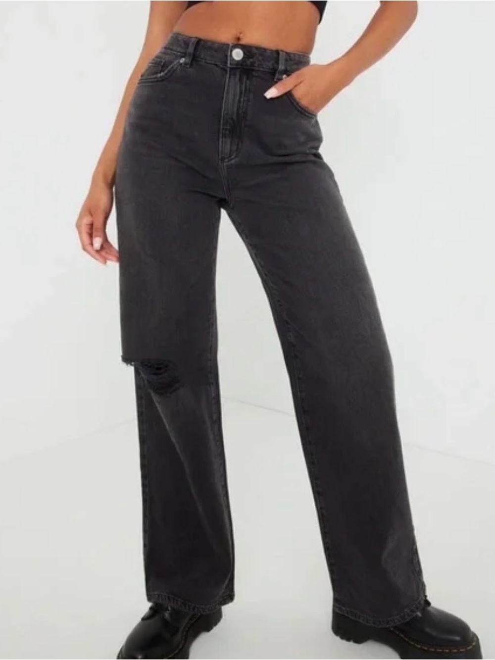Garage Black High-Waist Wide-Leg Jeans with Knee Distress